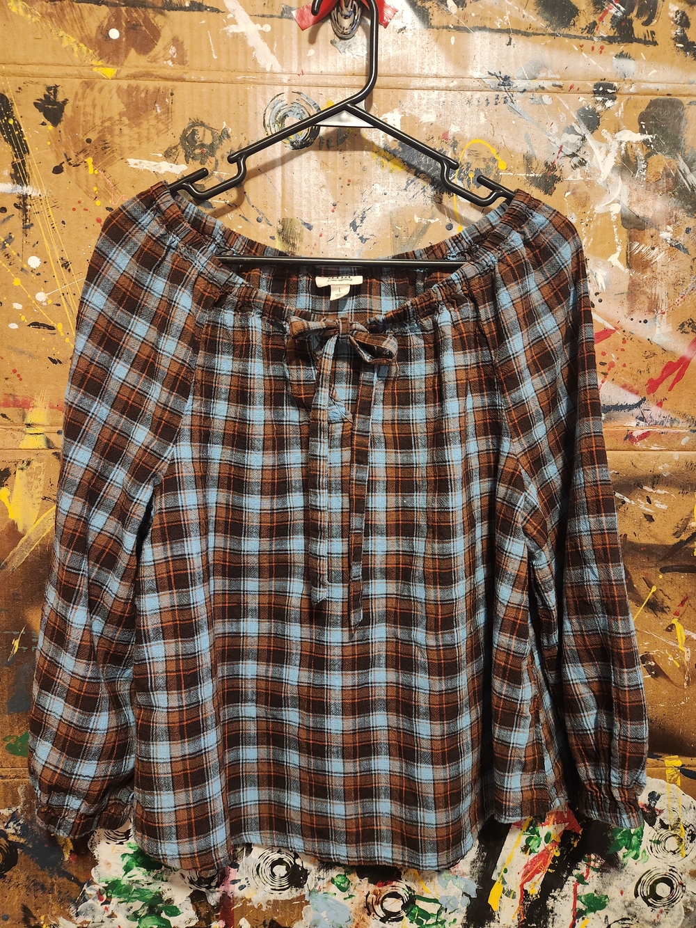 Ana, Women's Brown and Light Blue Plaid Peasant Top